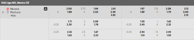 Bảng kèo mới nhất Necaxa vs Pachuca